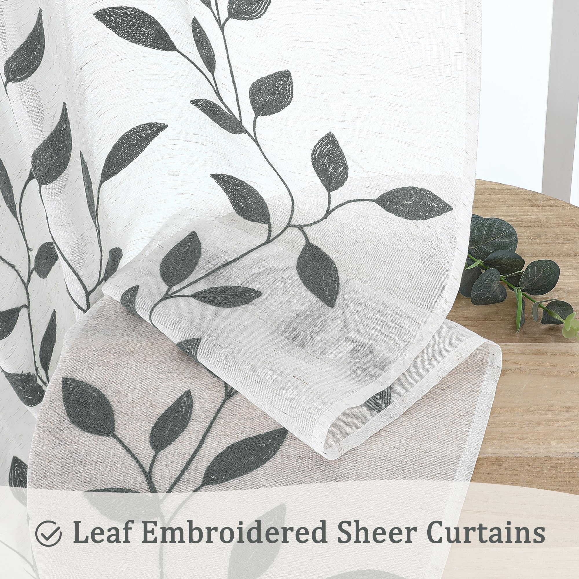 Grey Sheer Curtains - Embroidered Leaf Drapes -2 Grey Sheer Curtains - Embroidered Leaf Drapes -2