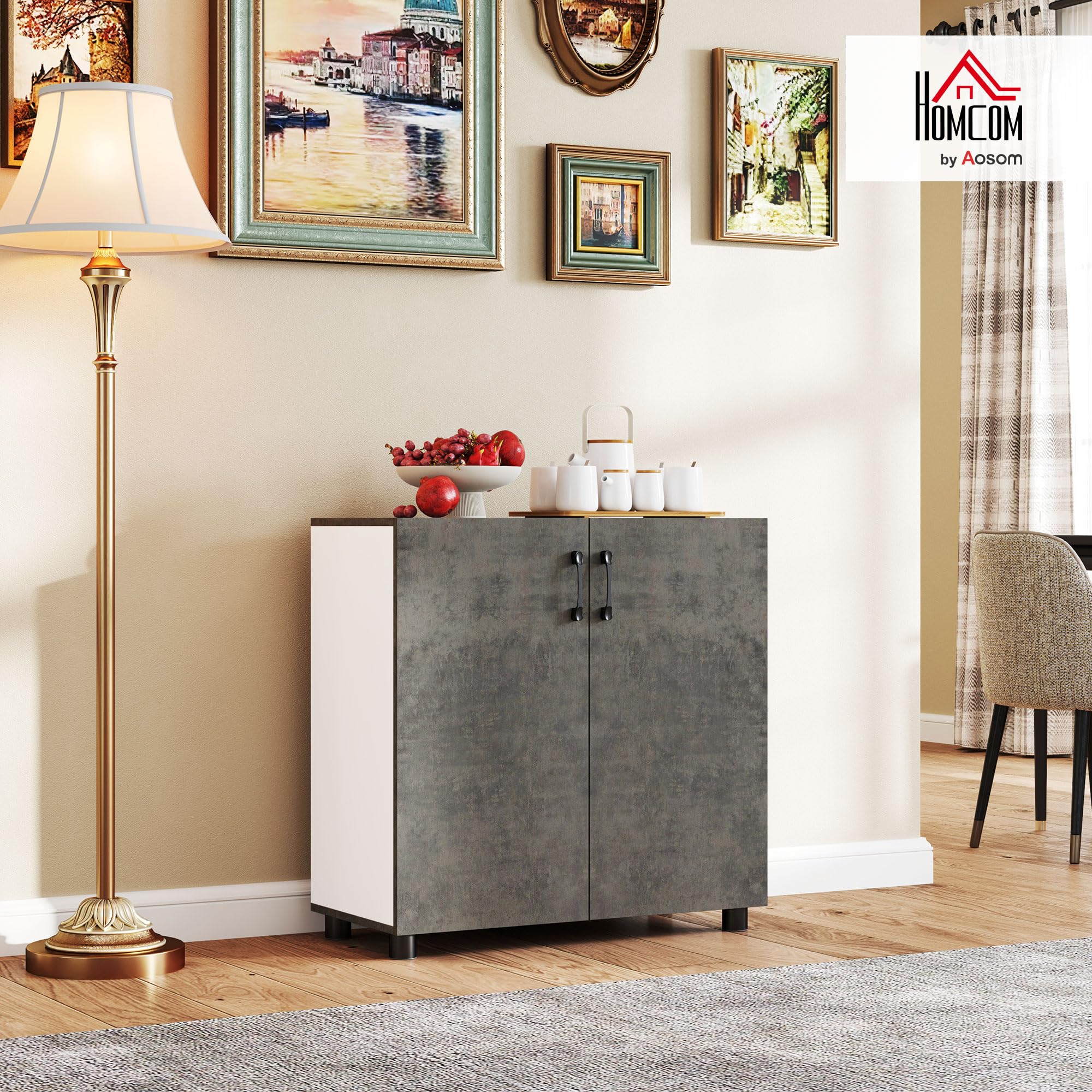 HOMCOM Aparador de 2 Puertas de Cierre Suave Aparador de Salón con Estante Mueble Auxiliar para Cocina Dormitorio Entrada 80x37x80 cm Gris Cemento y Blanco Brillo