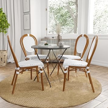 Merrick Lane Celia Indoor/Outdoor Bistro Stack Chair - White & Gray PE Rattan Seat - Natural Bamboo Finished Metal Frame - Set of Four