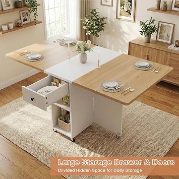 Folding Dining Table for Small Spaces with Storage, Drop Leaf Kitchen Table