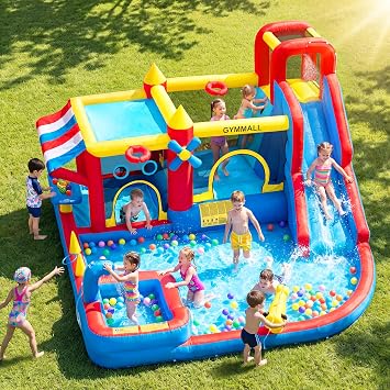 10-in-1 Bounce House for Kids  Bouncy Castle with Simulated Supermarket, Inflatable Water Slide, Splash Pool, Long Slide, Trampoline and 550W Blower   Ideal for Birthday, Party and Holidays