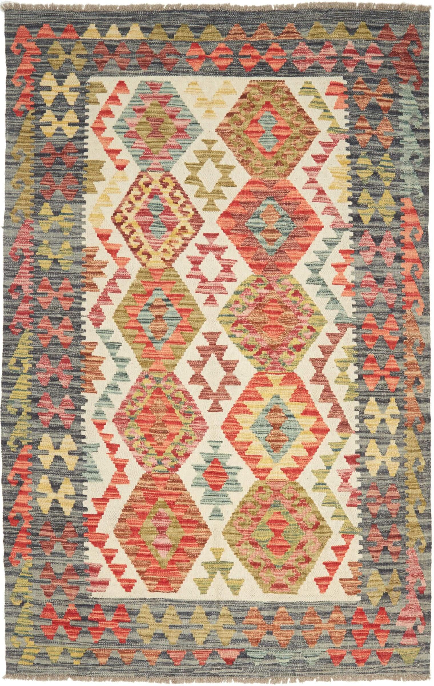Tapis Kilim afghan en laine tissé à la main 123x196 au charme authentique d'Orient