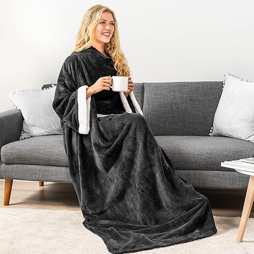 Miniatura 7 de PAVILIA Manta de forro polar con mangas para mujeres y hombres adultos, manta portátil cálida y suave, acogedora con bolsillo para abrazarse, manta