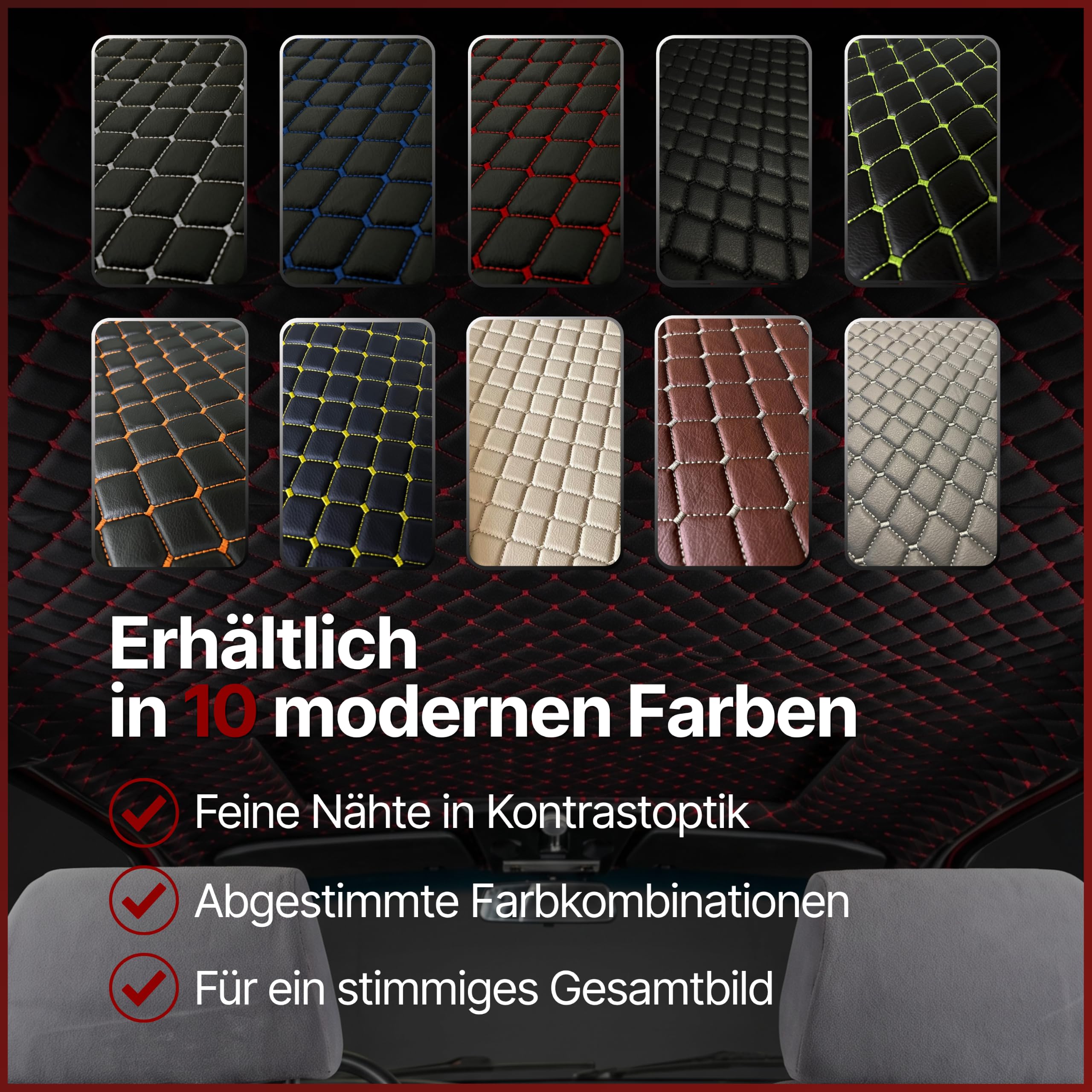 Kunstleder Meterware Leder Polsterstoff gesteppt Stoff Möbelstoff Bezugsstoff Lederstoff Polsterbezug 100cm x 140cm (schwarz mit roten Nähten)