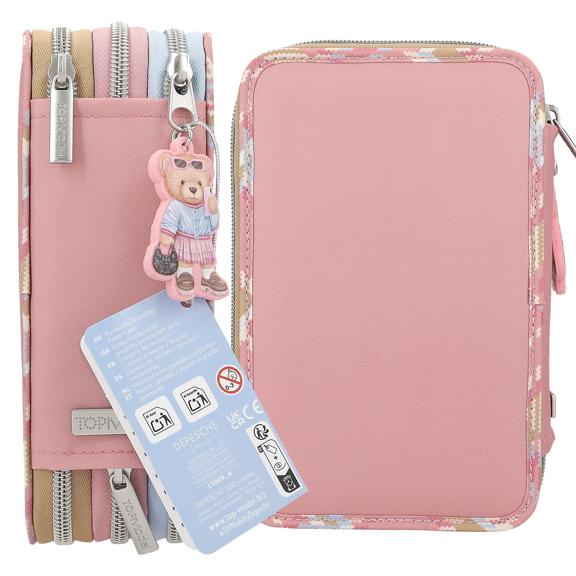 Depesche 12591 TopModel Snap Shots - Gevuld etui met 3 vakken met schattige borduurdetails, etui met kleurpotloden, liniaal, schaar enz