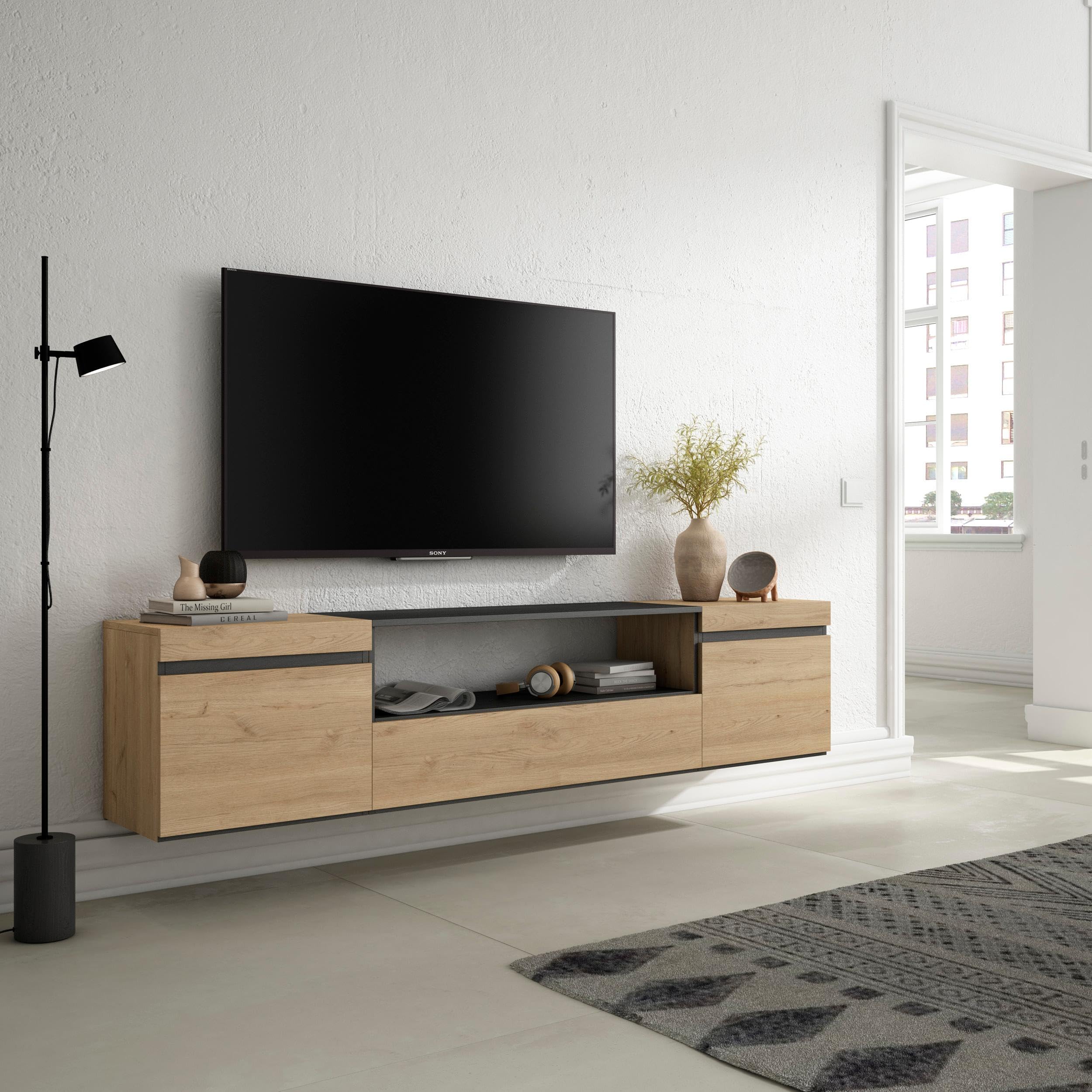 Skraut Home | Mueble TV | Televisión | Muebles de salón, almacenaje | 200x45x35cm | para TV hasta 80" | Colgado, Suspendido | Estilo Moderno | Roble y Negro