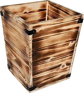 Owlgift Decorative Rustic Burnt Wood Trash Can, Farmhouse Stylish Wooden Waste Basket Near Desk, Square Garbage Cans Trashcan with Metal Brackets for Office, Bedroom & Bathroom