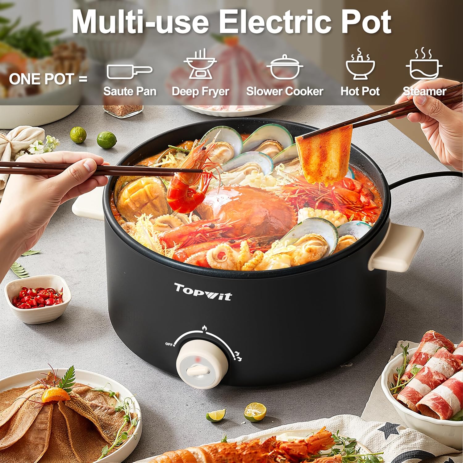 TOPWIT Hot Pot Electric, 4L Electric Pot with Non-Stick Coating, Dual Power Electric Cooker for Deep Frying, Steak, Pasta, Multi-Functional Large Capaity Shabu Shabu Pot for Party,...