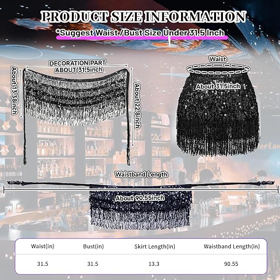 Baisdan Sequin Skirts for Women, Sequin Two Piece Set, Sparkly Skirt for Women, Glitter Fringe Skirt and Top Set, 2Pack