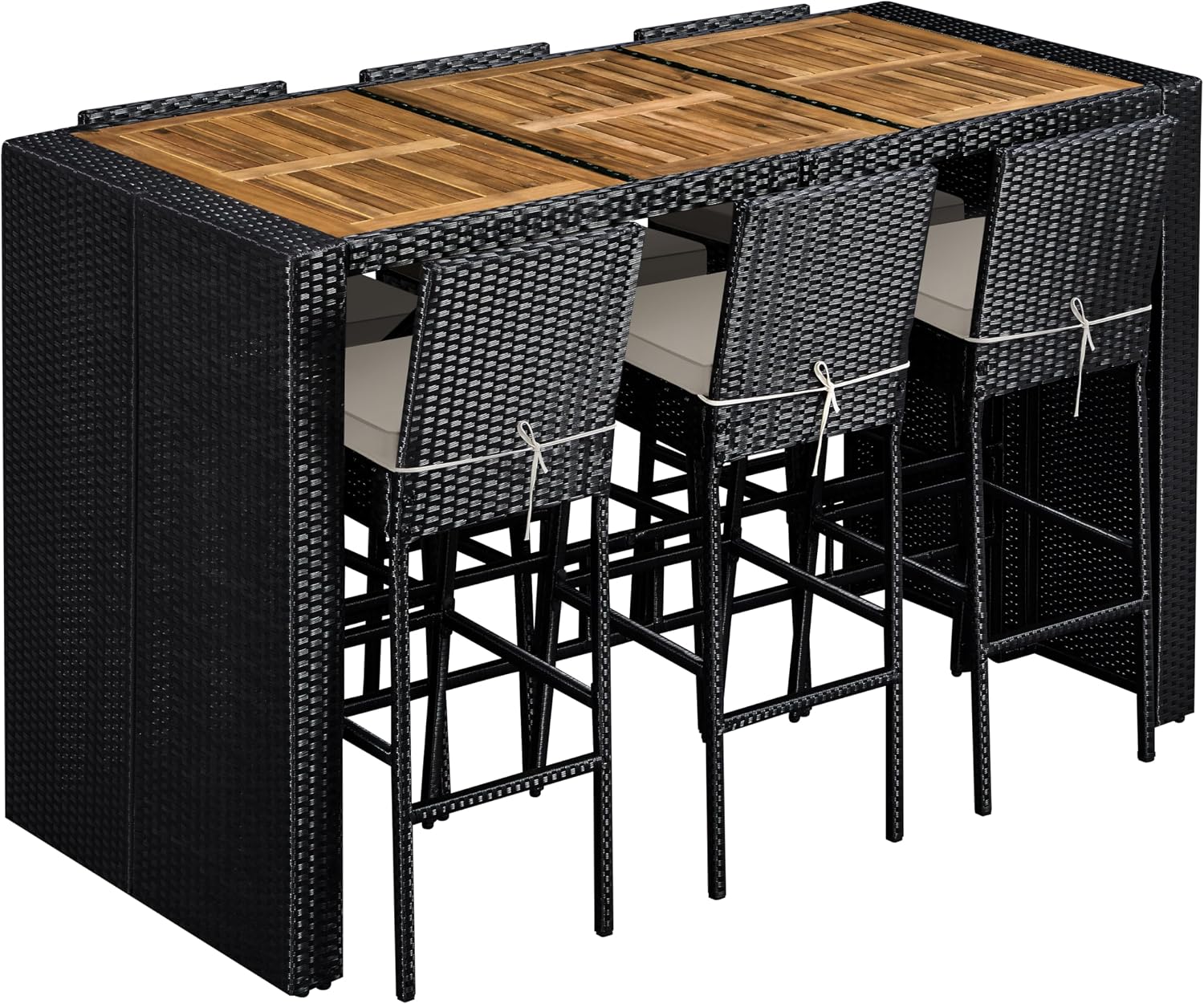 Topeakmart Outdoor Wicker Bar Table and Chairs Set, 7-Piece Patio Rattan Dining Furniture Set with Acacia Wood Tabletop, 6 Removable Cushions, Rain Cover, Black/Beige
