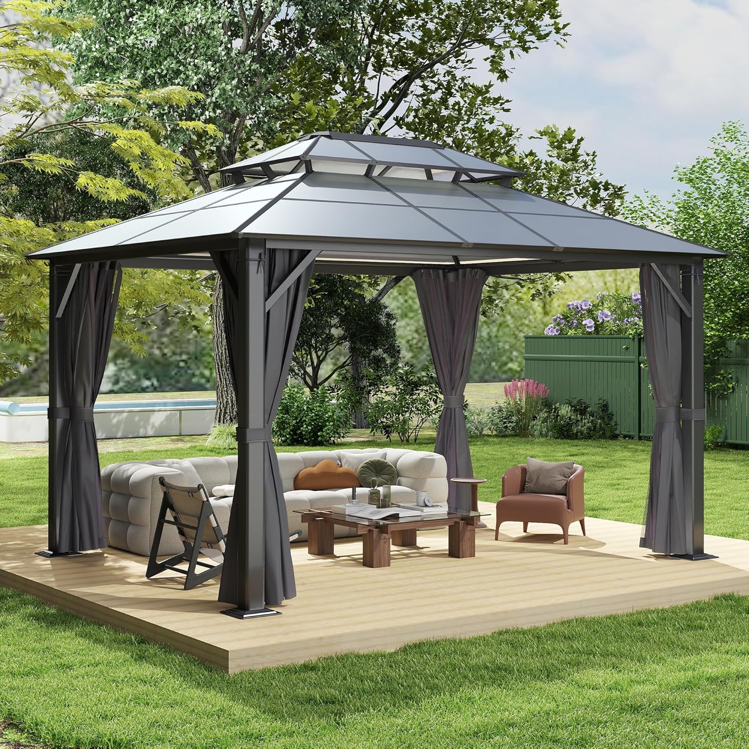 10'x10' Hardtop Gazebo, Heavy Duty Double Roof Galvanized Aluminum gazebos with Netting & Curtain, Outdoor Patio Gazebo for Patio, Backyard, Deck, Lawn (10x10 FT)