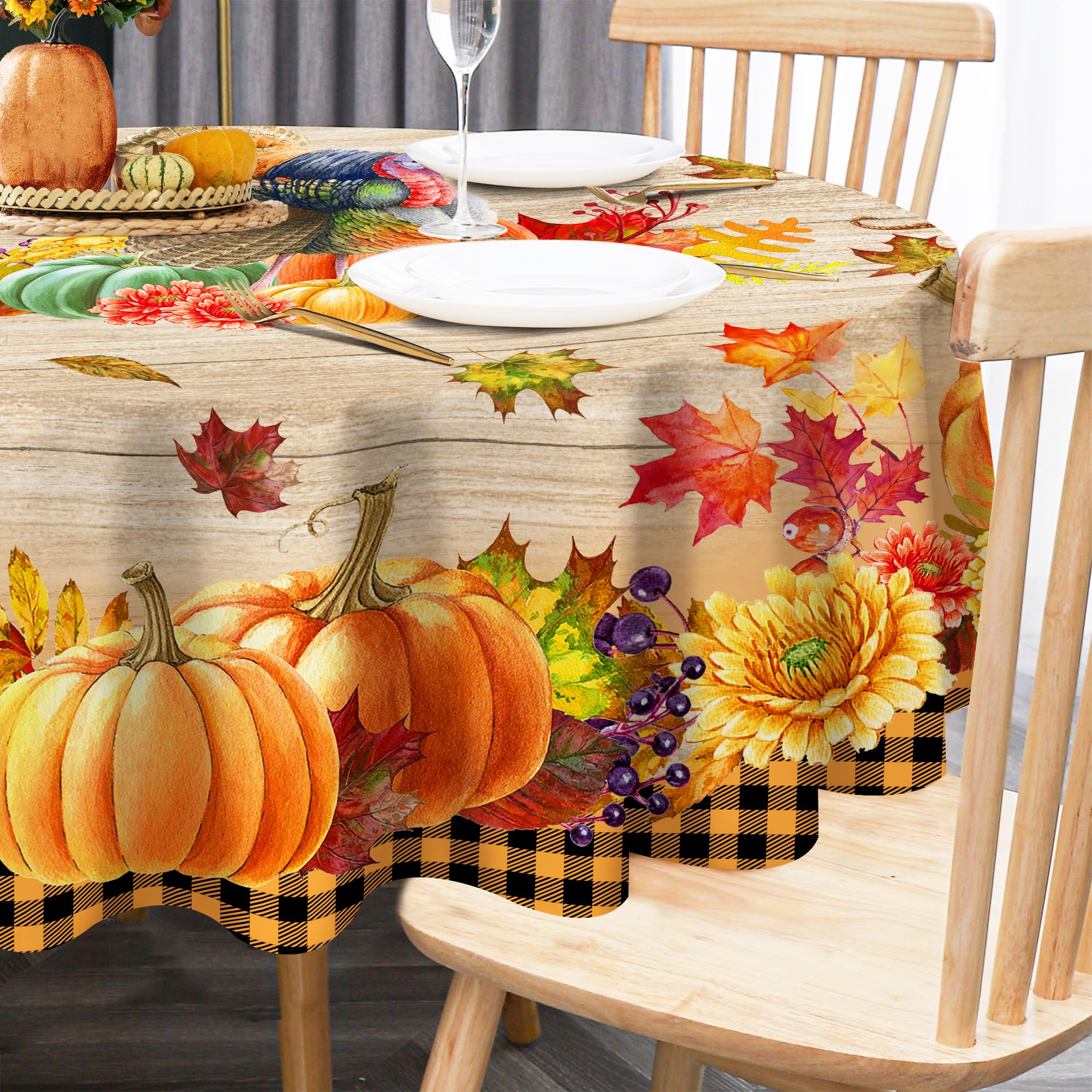 Thanksgiving Pumpkin Maple Leaves Round Fitted Tablecloth – Waterproof, Elastic Edge, 36-44in