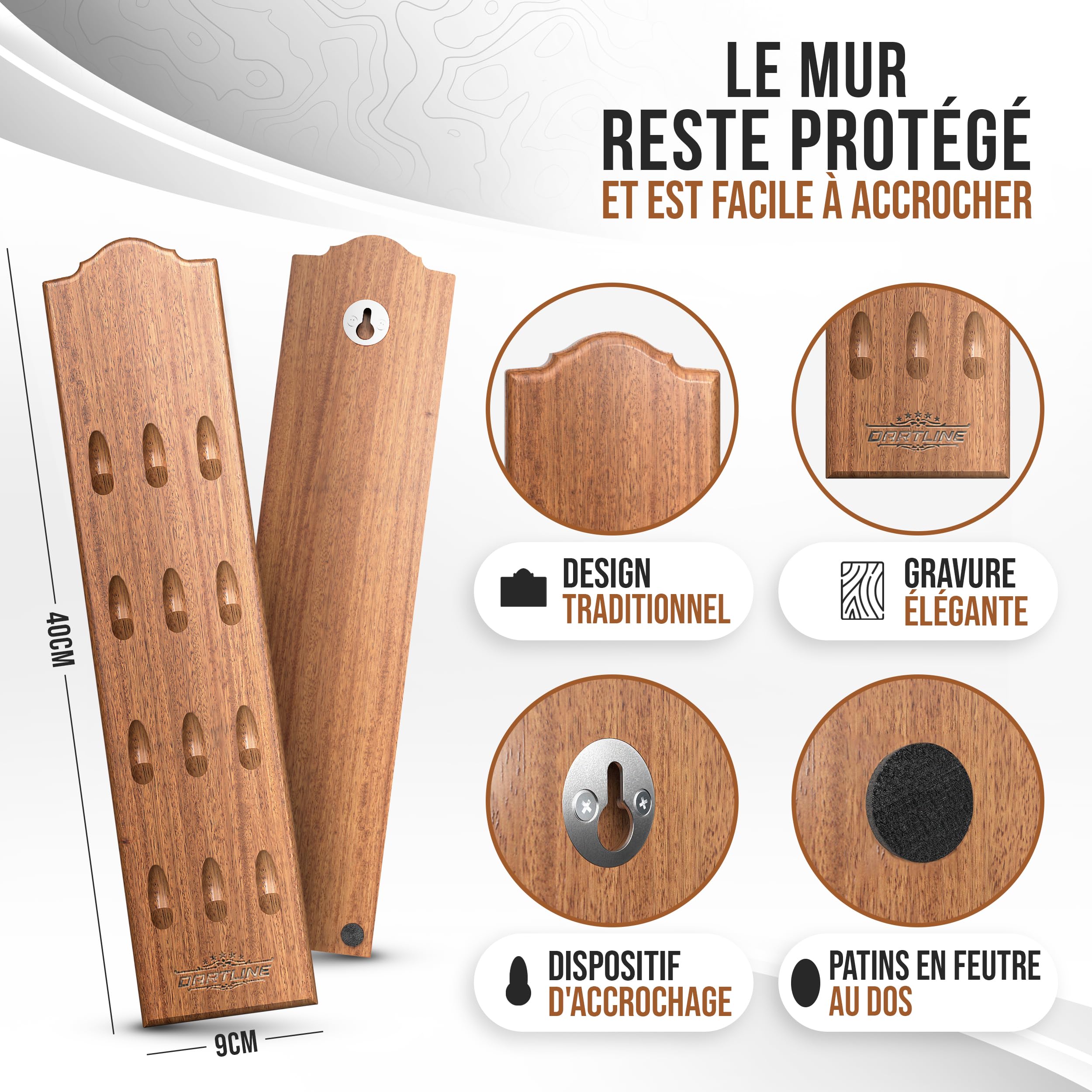 Porte-fléchette Mural en Bois pour 12 fléchettes - Support Mural pour fléchettes Acier et Soft - Accessoire Darts de qualité (Marron, Forme Allongé)