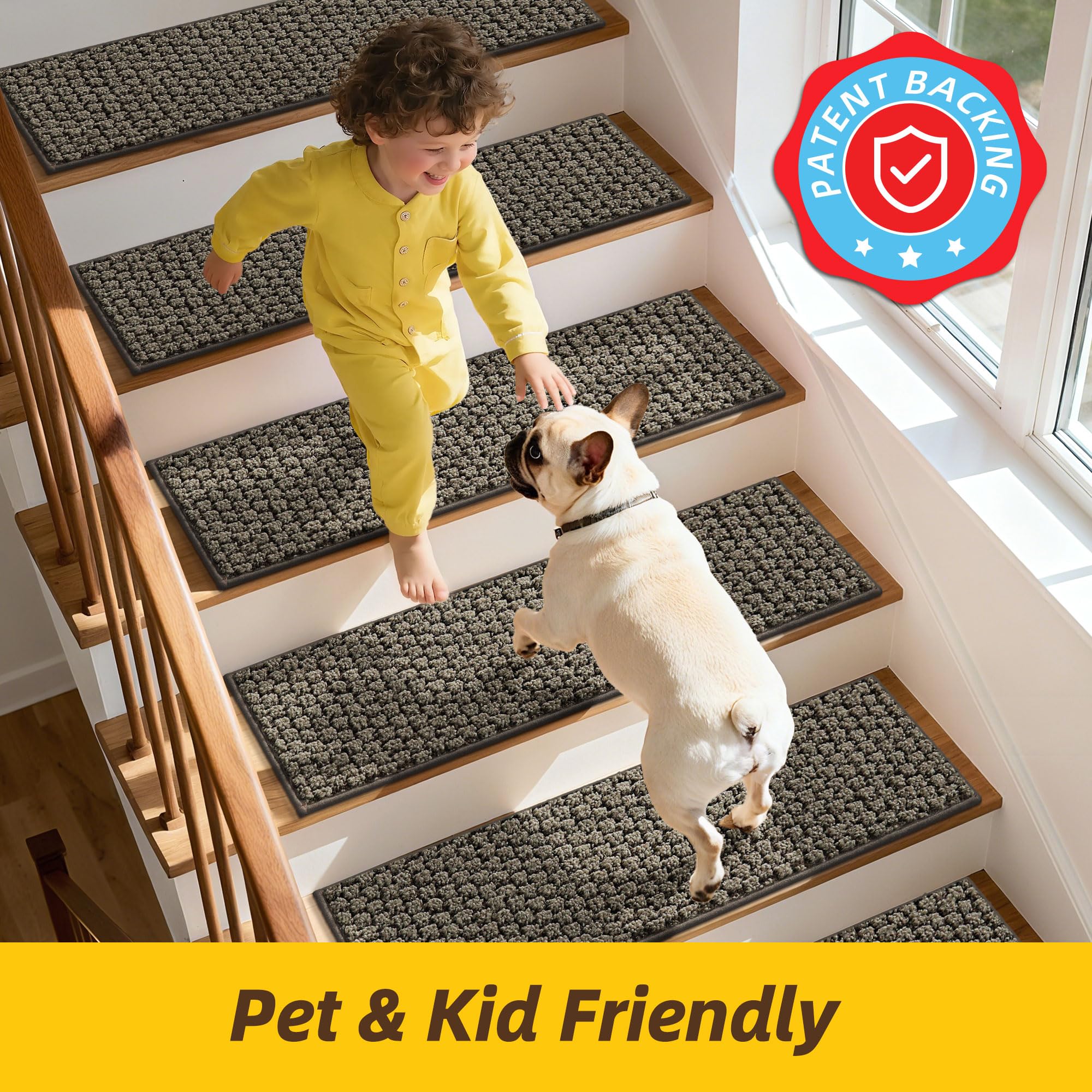JSEI Stair Treads for Wooden Steps, 14 Pack 9" X 28" Non-Slip Machine Washable Carpet Stair Treads with TPE Backing, Soft Indoor Stair Rug Runner for Kids Elders & Pets, 100% Polyester, Beige — view 15