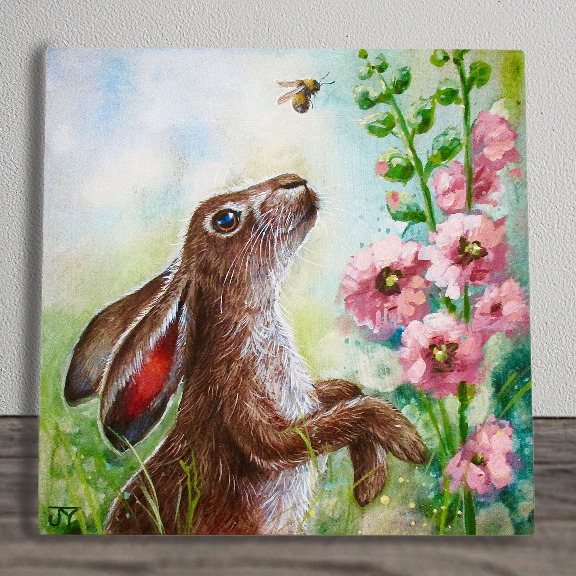 Pink, Green, Brown. Hollyhock Hare Ceramic Picture Tile Artwork By Judith Yates Hanging Wall Art Home Décor