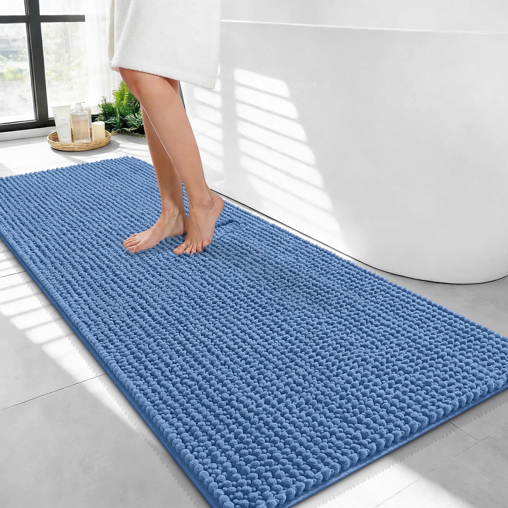OLANLY Thick Chenille Bathroom Runner Rugs Mats 44x24, Cornflower Blue