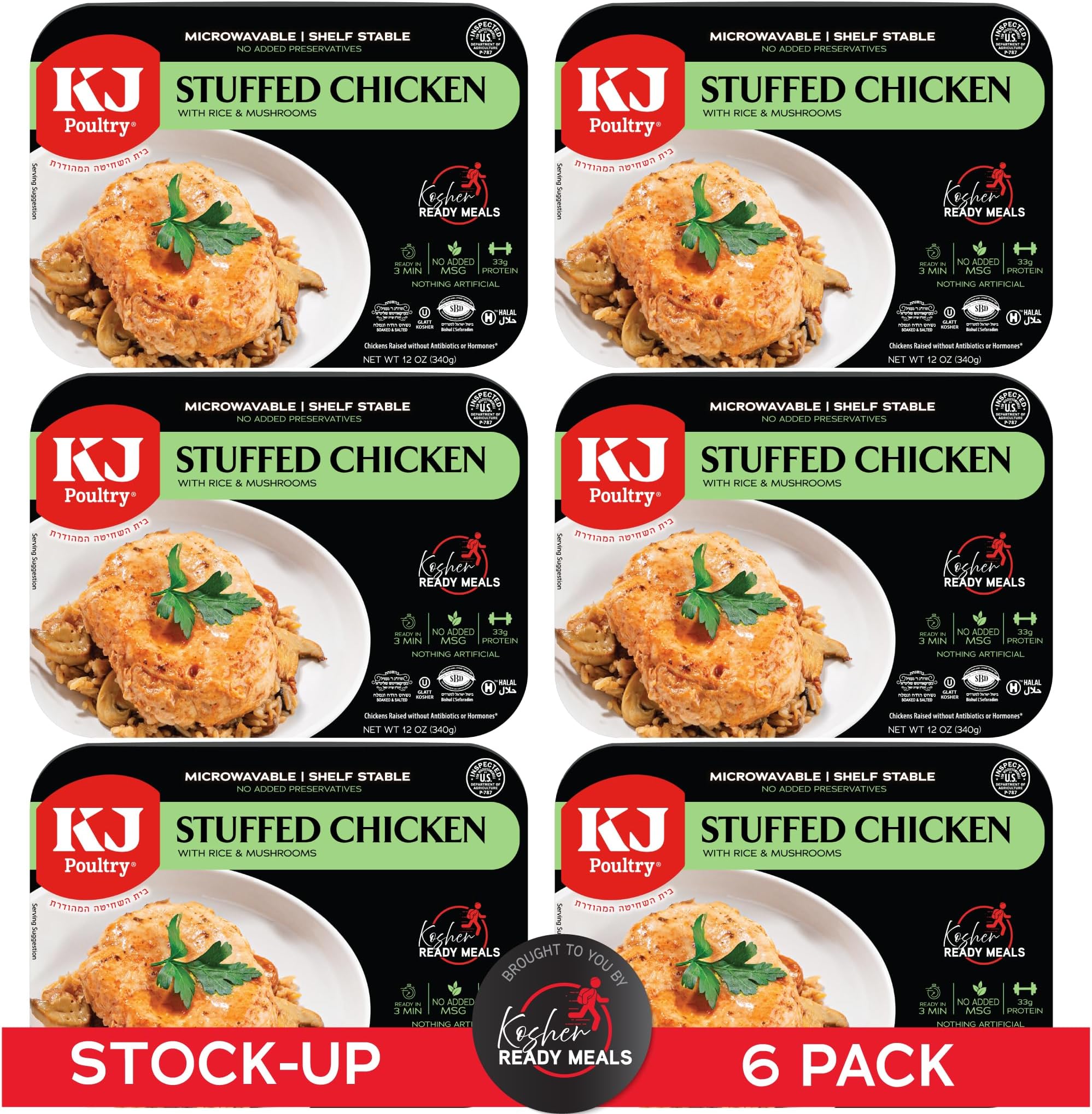 Kosher Ready Meals - Stuffed Chicken Breast Rice, MRE Meat Meals Ready to Eat, Gluten Free, Halal, (6 Pack) Prepared Entree Fully Cooked, Shelf Stable Microwave Dinner, Travel Military