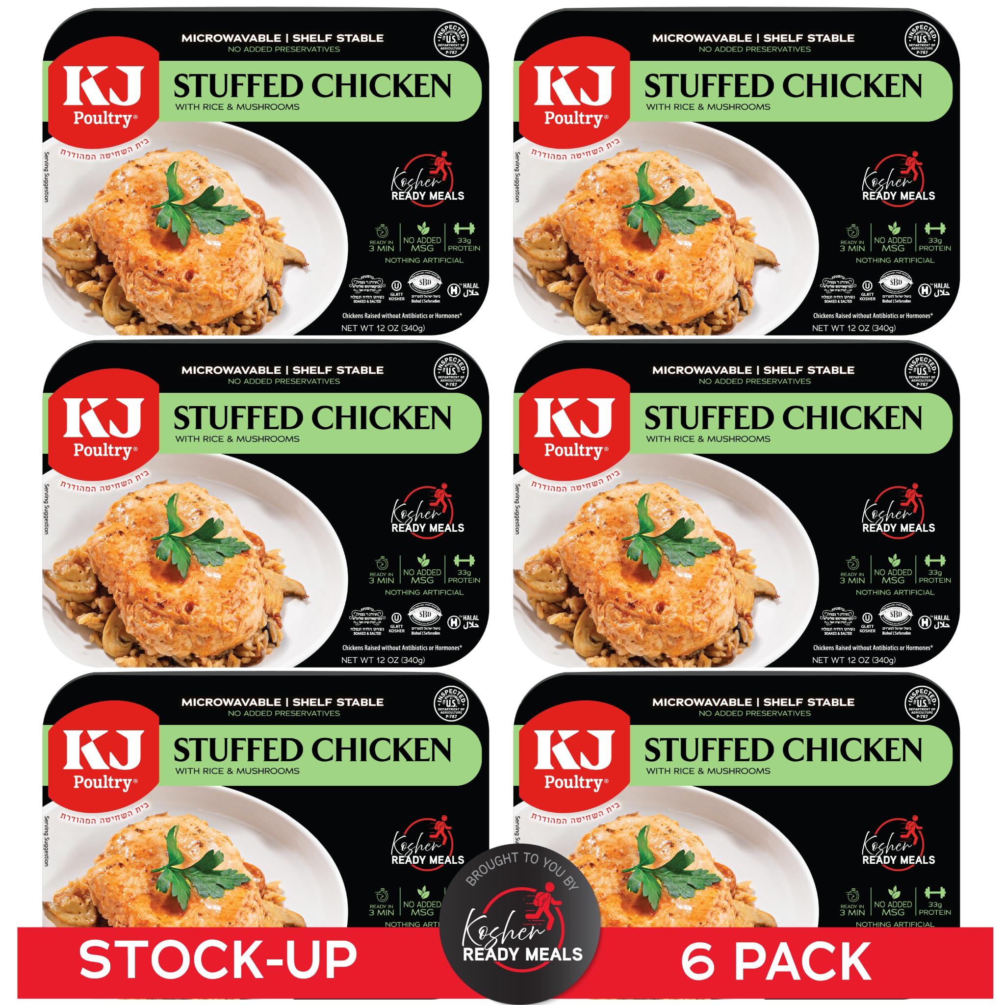 KJ Poultry Kosher Ready Meals - Stuffed Chicken Breast Rice, MRE Meat Meals Ready to Eat, Gluten Free, Halal, (6 Pack) Prepared Entree Fully Cooked, Shelf Stable Microwave Dinner, Travel Military