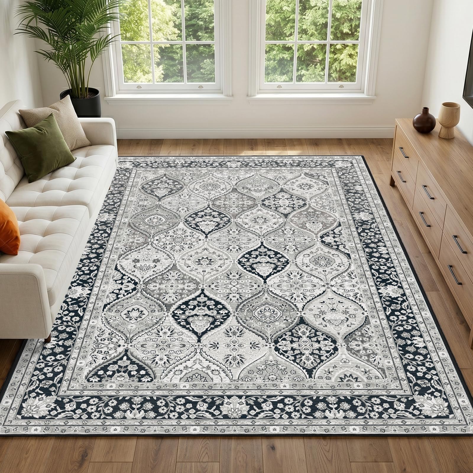 IKALIFE Grey Rugs Living Room - 200 x 300 cm Washable Non Slip Large Area Rugs, Vintage Soft Low Pile Carpet for Bedroom, Dining Room, Lounge, Office