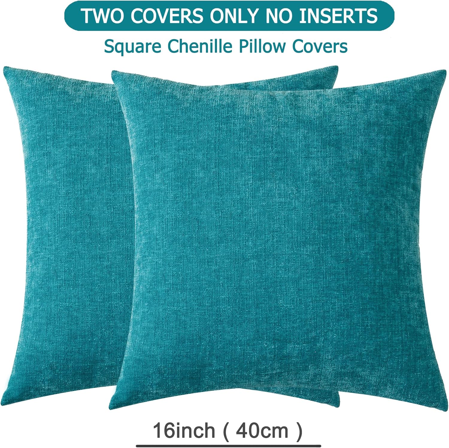GAWAMAY Pack of 2 Couch Throw Pillow Covers 16x16 Inch Soft Square Chenille Pillow Cover for Sofa Living Room Bedroom Car Solid Dyed Pillow Cases (Only Pillowcases) 40x40 Cm, Grey, Teal