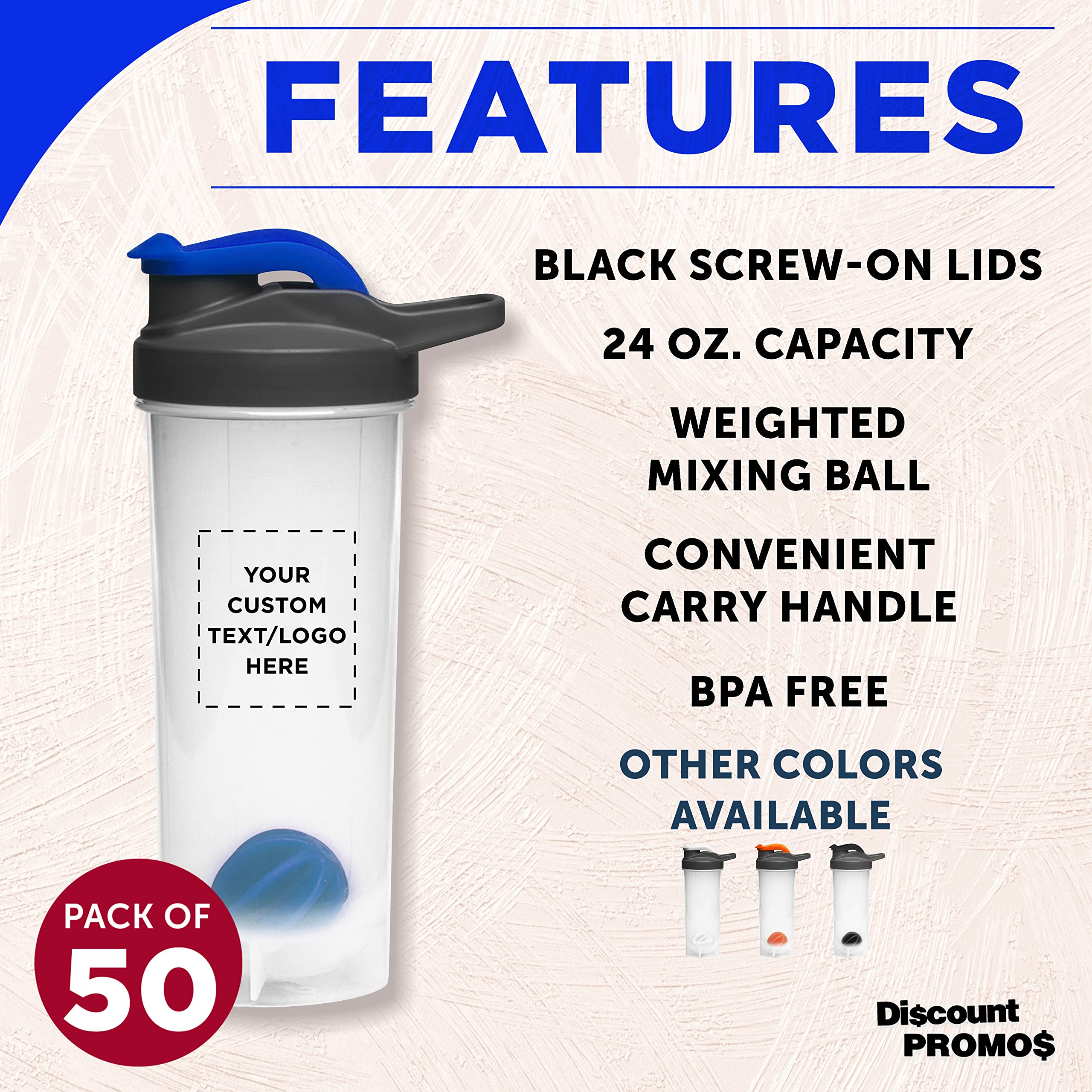 DISCOUNT PROMOS Custom Plastic Shaker Bottles with Mixer 24 oz. Set of 50, Personalized Bulk Pack - Perfect for Protein Shake, Smoothie and More! - Reflex Blue