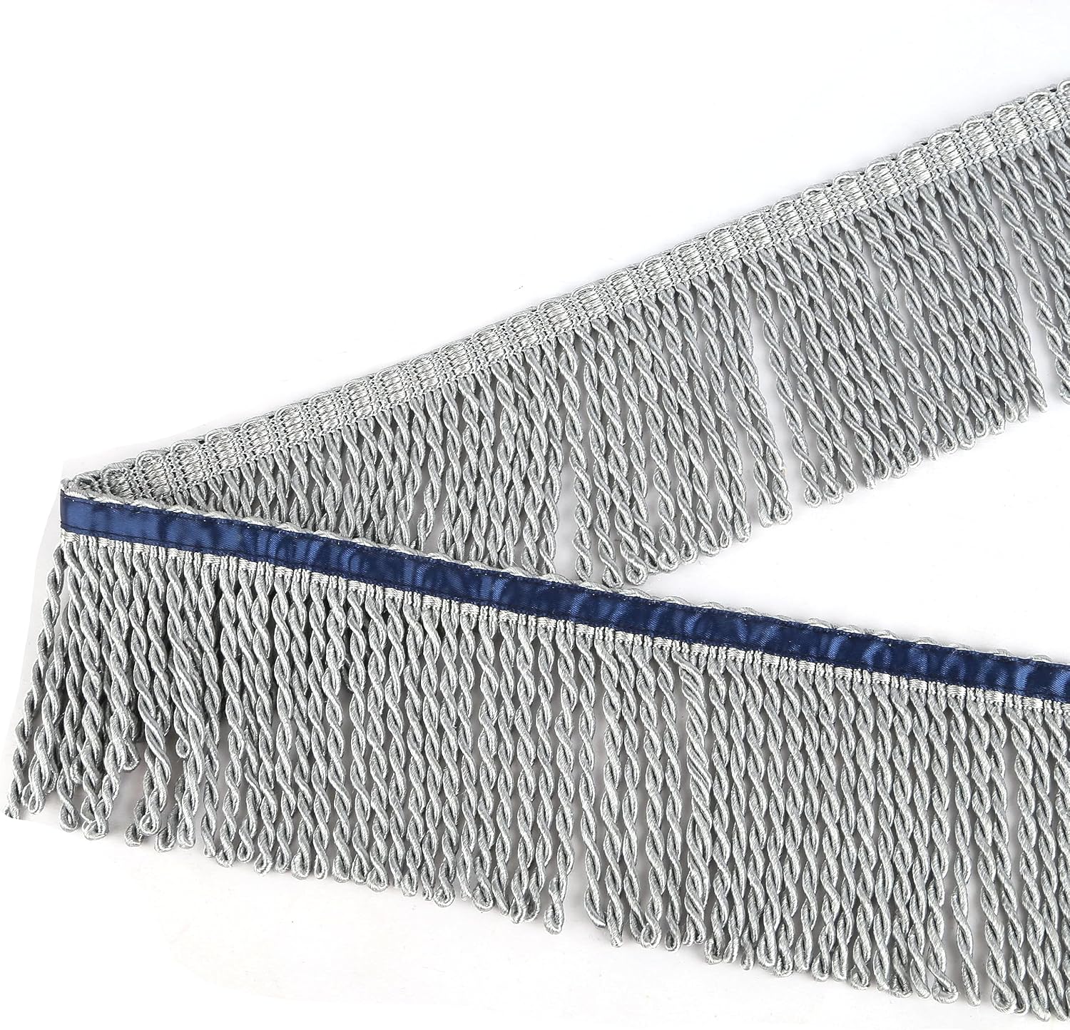 BEL AVENIR Curtain Fringes Bullion Fringe Trim with Blue Ribbon 5.3 Yard x 3 Inches Fabric Trims Sewing DIY Decoration for Curtain Sofa Clothes (Silver)
