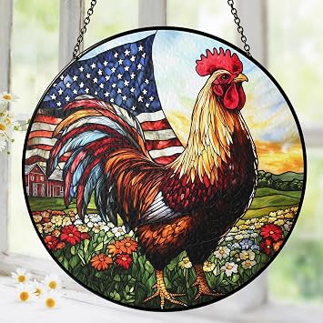 Flag Rooster Chicken Stained Glass Window Hanging Suncatcher Farmhouse Chicken Lover Gifts for Women Chickens Lady Mom Grandma Rooster Stained Glass Gifts Home Decor for Christmas Mothers Day Birthday
