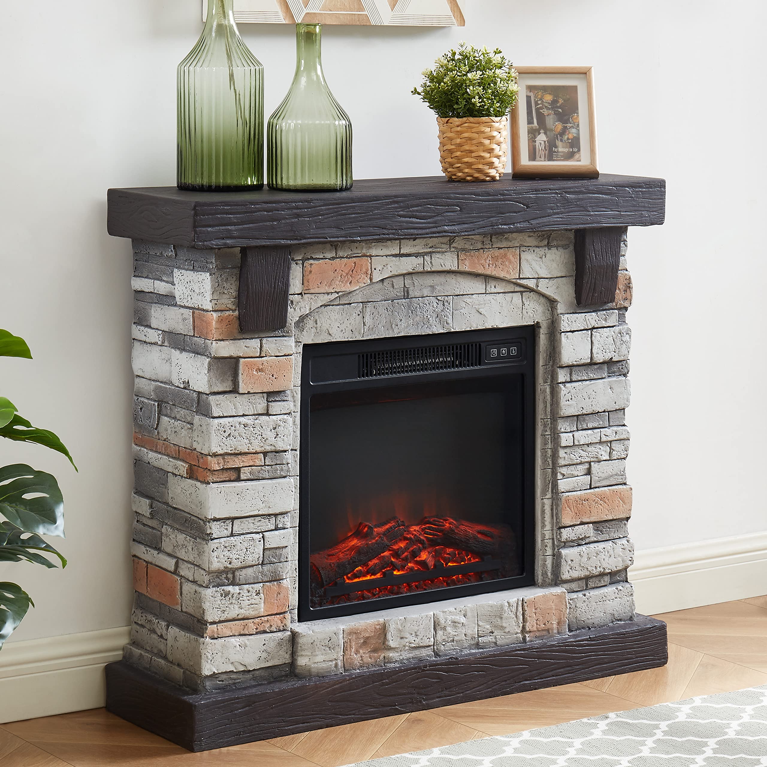 36 Electric Fireplace with Stone Mantel, Freestanding Fireplace, Realistic  Flame and Log, Room Heater 36”Wx11.5”Dx33”H Gray : Amazon.ca: Tools u0026 Home  Improvement