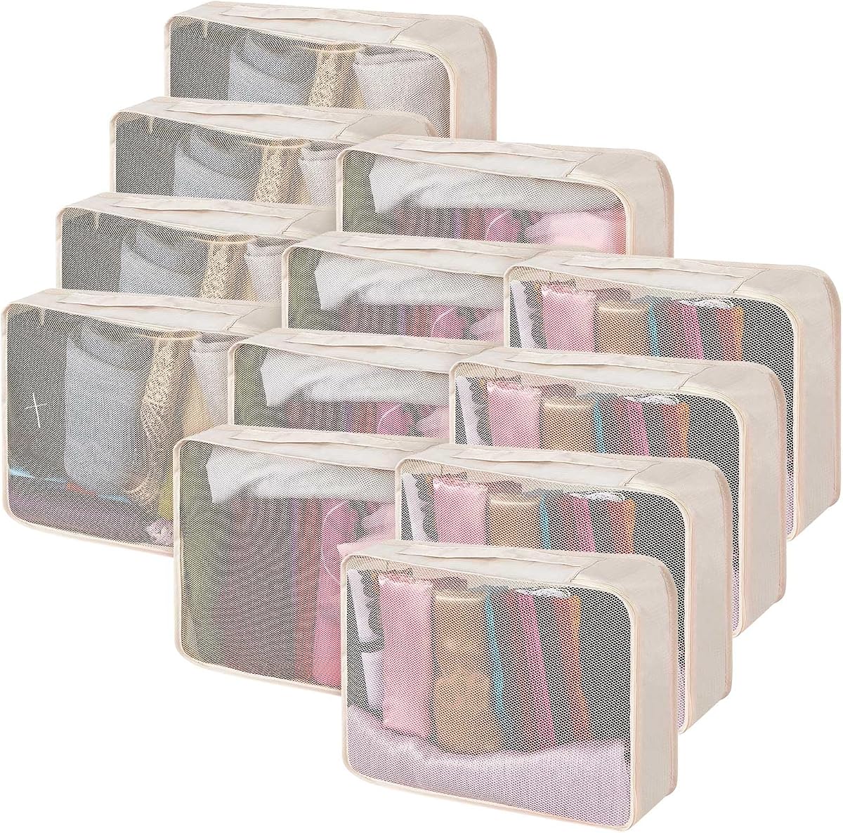 Silkfly 12 Pcs Packing Cubes for Travel,XL,Classic,Khaki | Large Mesh Organizer for Suitcase Luggage, Compression Style, Hiking Camping Trips, Lightweight Durable Space Maximizer