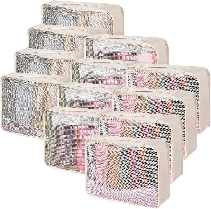 Silkfly 12 Pcs Packing Cubes for Travel,XL,Classic,Khaki | Large Mesh Organizer for Suitcase Luggage, Compression Style, Hiking Camping Trips, Lightweight Durable Space Maximizer