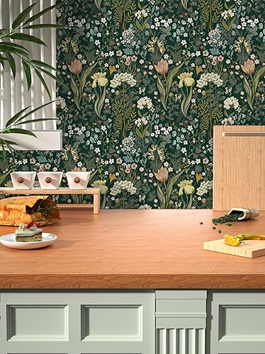 Miniatura 6 de Toduso Papel tapiz vintage para despegar y pegar, papel tapiz verde, papel de contacto floral, extraíble, 78.7 x 16.1 pulgadas, papel tapiz