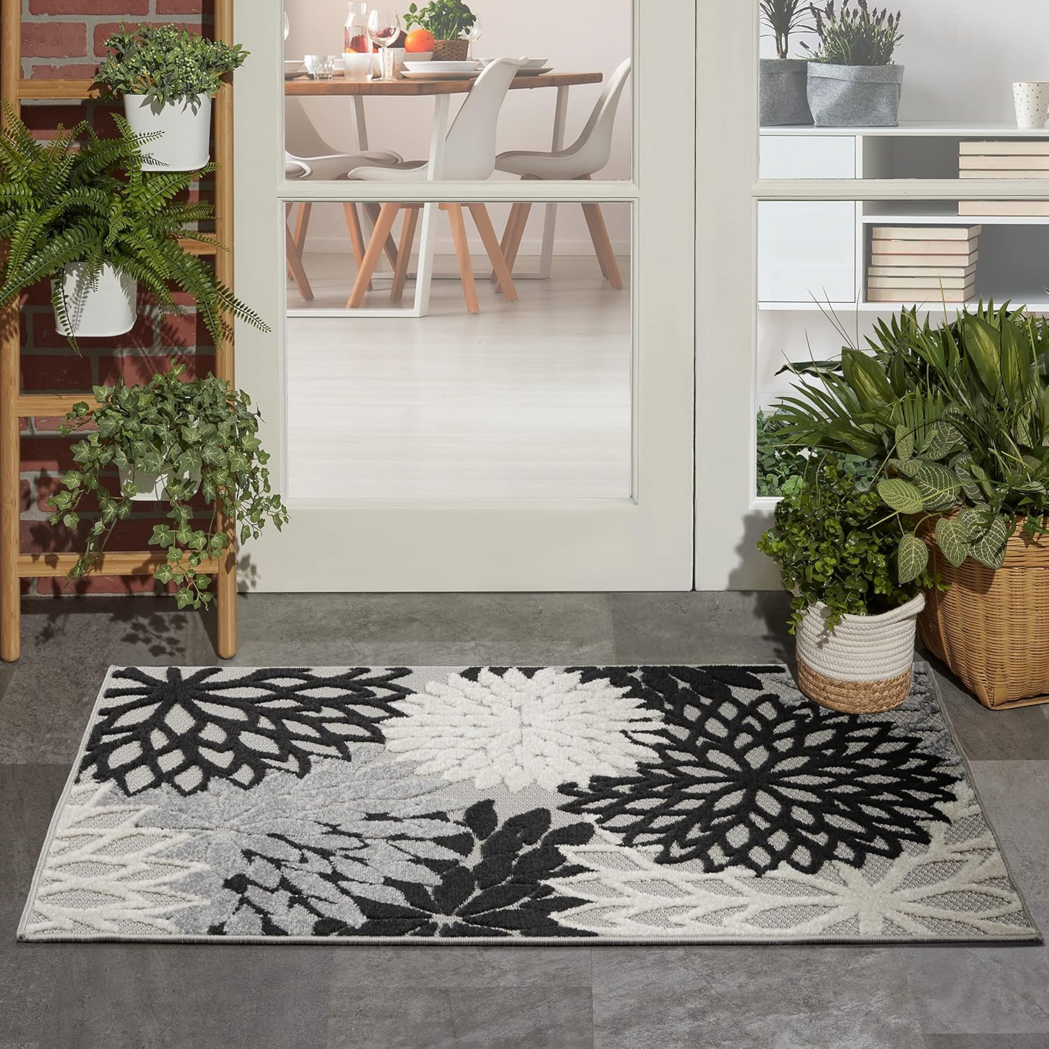 Nourison Home Aloha Indoor/Outdoor Black White 2'8" x 4' Area Rug, Tropical, Botanical, Easy Cleaning, Non Shedding, Bed Room, Living Room, Dining Room, Deck, Backyard, Patio (3x4)