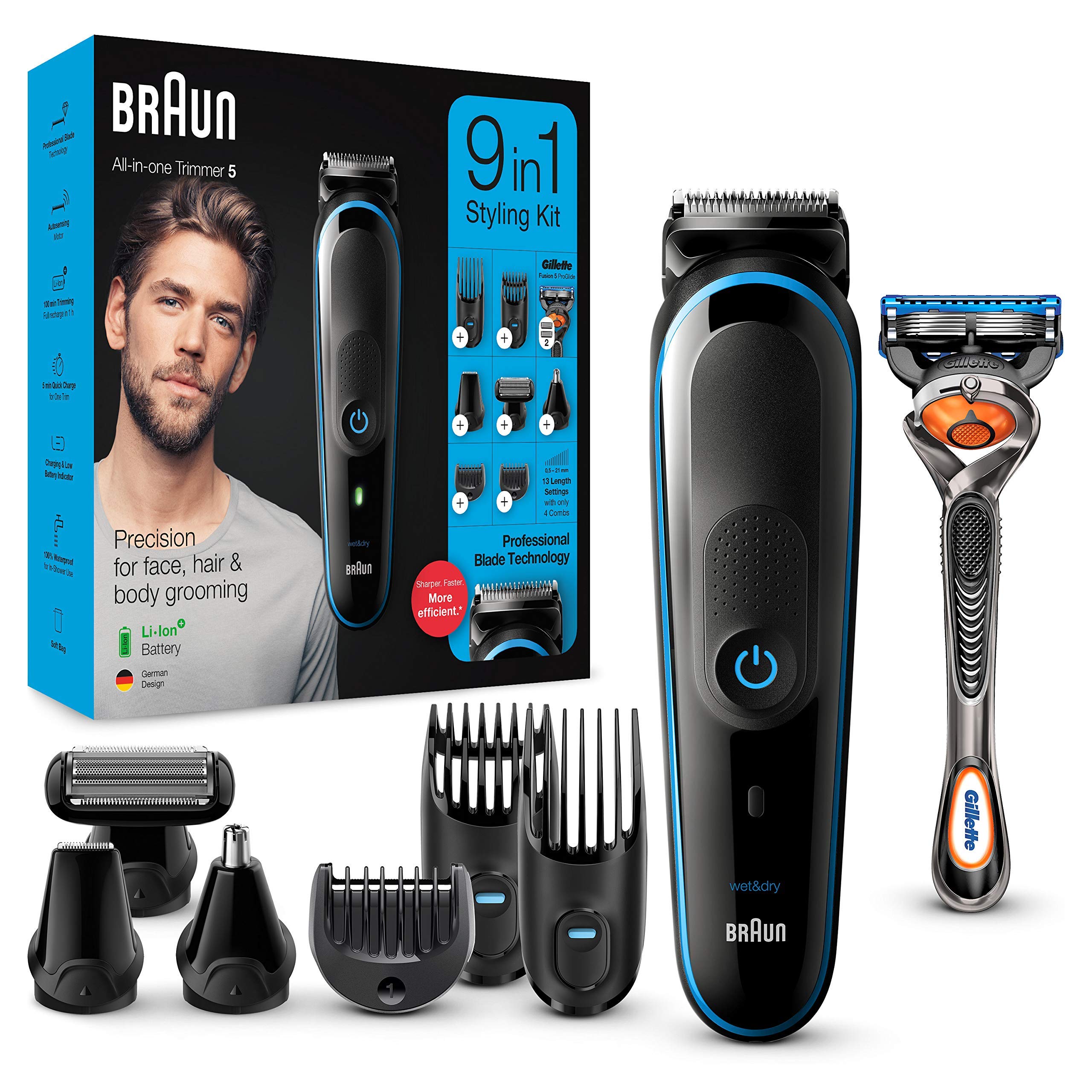 Braun Regolabarba Tagliacapelli Uomo Rasoio Incluso, Rifinitore Barba, 7 Accessori inclusi, 85% di Plastica in Meno, Idea Regalo, MGK5280 All-in-One Nero