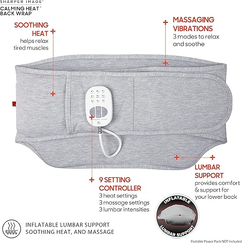 Vista 3 de Sharper Image: almohadilla térmica de calefacción eléctrica trasera con soporte lumbar inflable personalizable, calor calmante y vibraciones