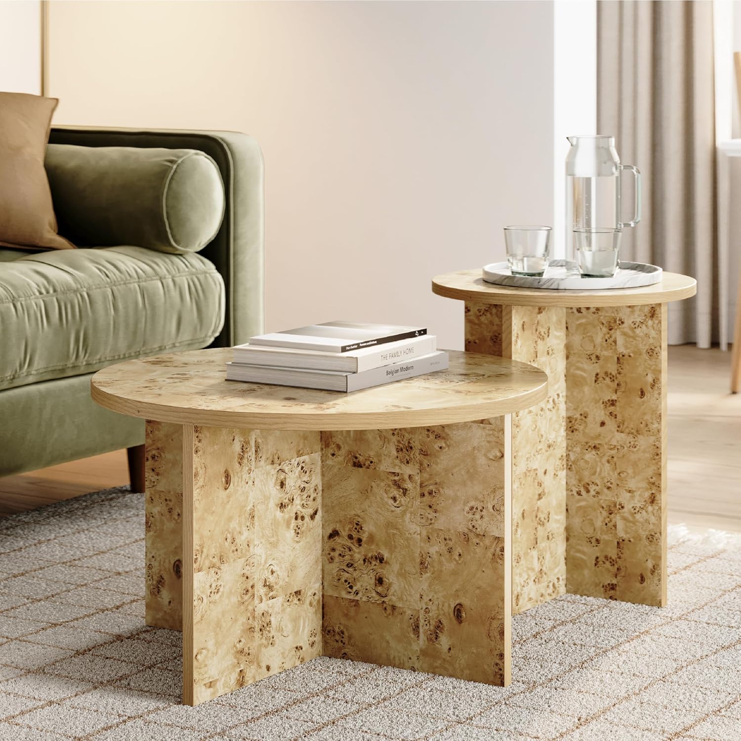 Burl Wood Coffee Table Set of 2 - Modern Living Room Furniture - Organic Modern Coffee Table - Round Nesting Coffee Table - Stylish Home Decor - 2 Piece Coffee Table Set - Burl Top and Base Burl Round Top - Regular Base