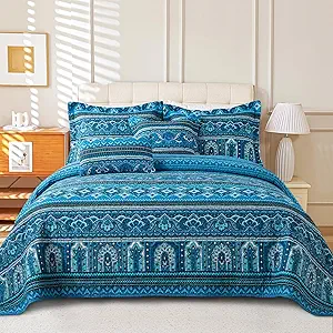 VAPUTAR Cotton Quilt Queen Size Bedding Set - 3 Pieces Queen Quilt Bedding Set, Boho Queen Size Quilts, Lightweight Reversible Coverlets Bedspreads for Farmhouse Bedroom (Blue)