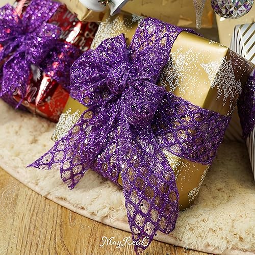 Miniatura 7 de Cinta morada con alambre de 2.5 pulgadas x 10 yardas, cinta con alambre con purpurina, cinta morada para Halloween, decoraciones de Navidad,
