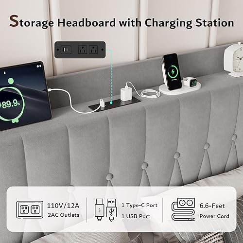 Miniatura 3 de iPormis Base de cama de metal tamaño King con estación de carga, cabecera y estribo de terciopelo, soporte de acero resistente, almacenamiento