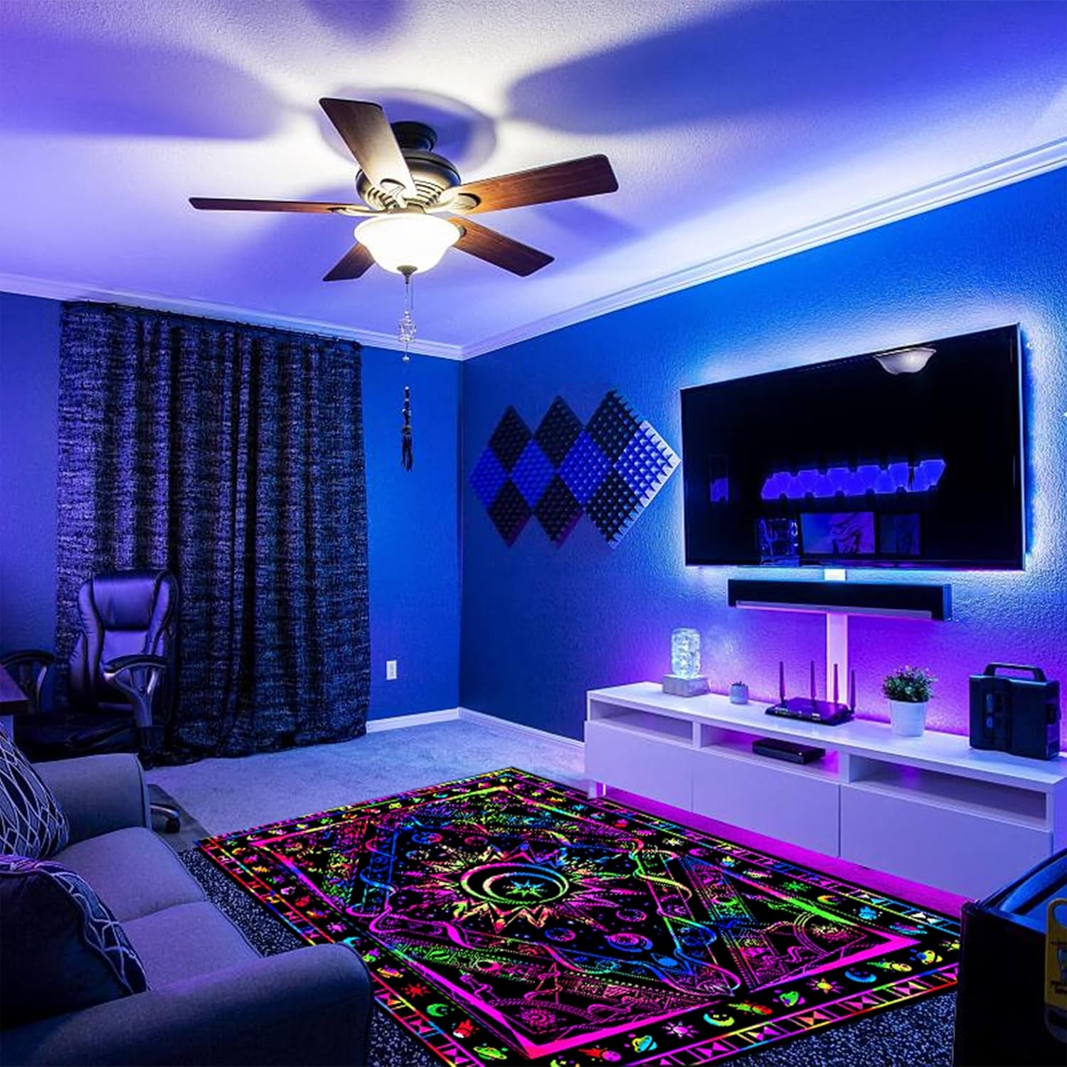 Blacklight Burning Sun Area Rug, Neon UV Reactive Celestial Moon Star Planet Throw Rug, Non-Slip Fluorescent Boho Hippie Floor Mat Carpet, Glow in The Dark Bedroom Home Decor 70x47inch