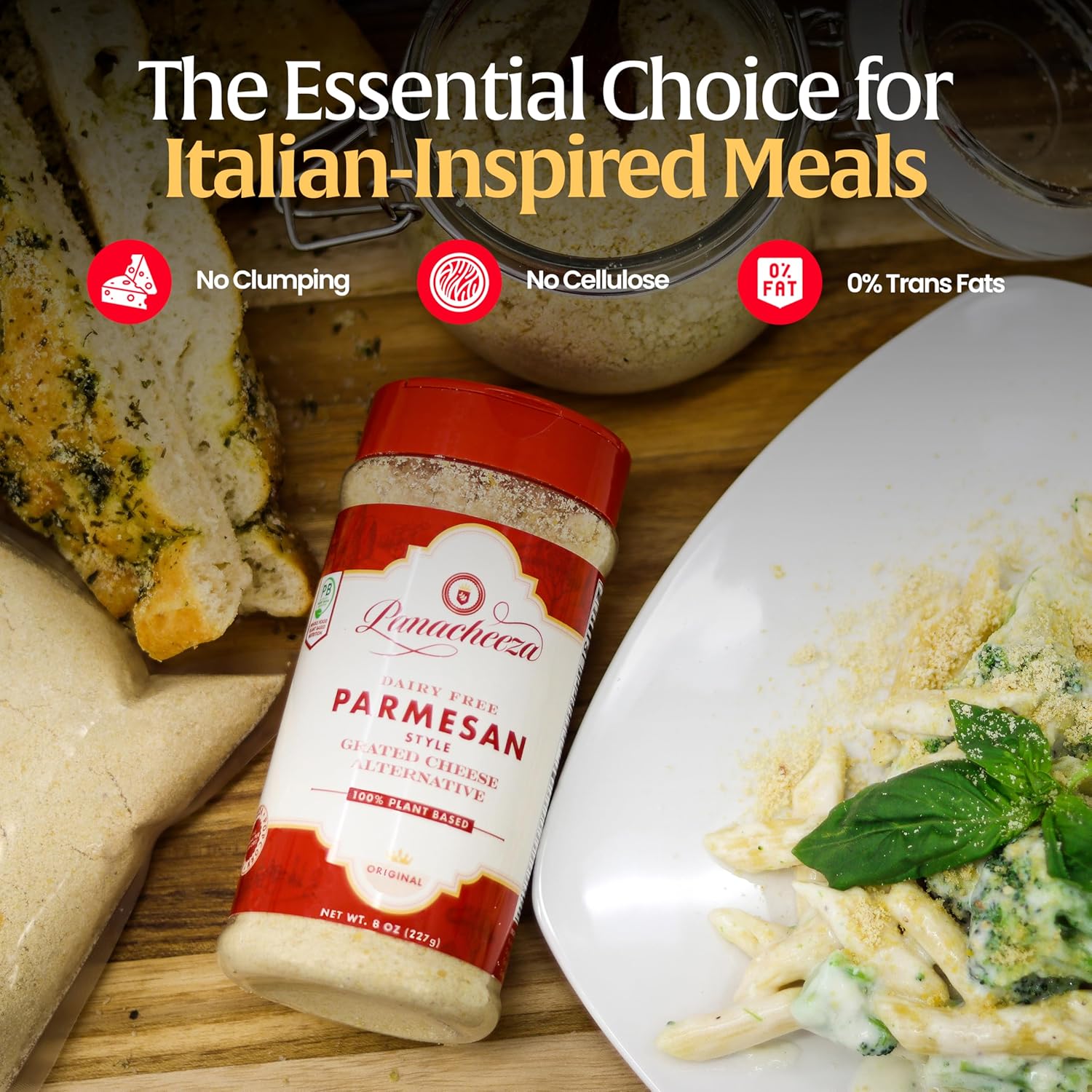 Panacheeza Plant-Based Grated Parmesan Cheese – Dairy-Free Vegan Cheese with Cashews, Nutritional Yeast, Garlic Powder, Himalayan Pink Salt & Apple Cider Vinegar – for Pastas, Pizzas & Toppings - 16oz