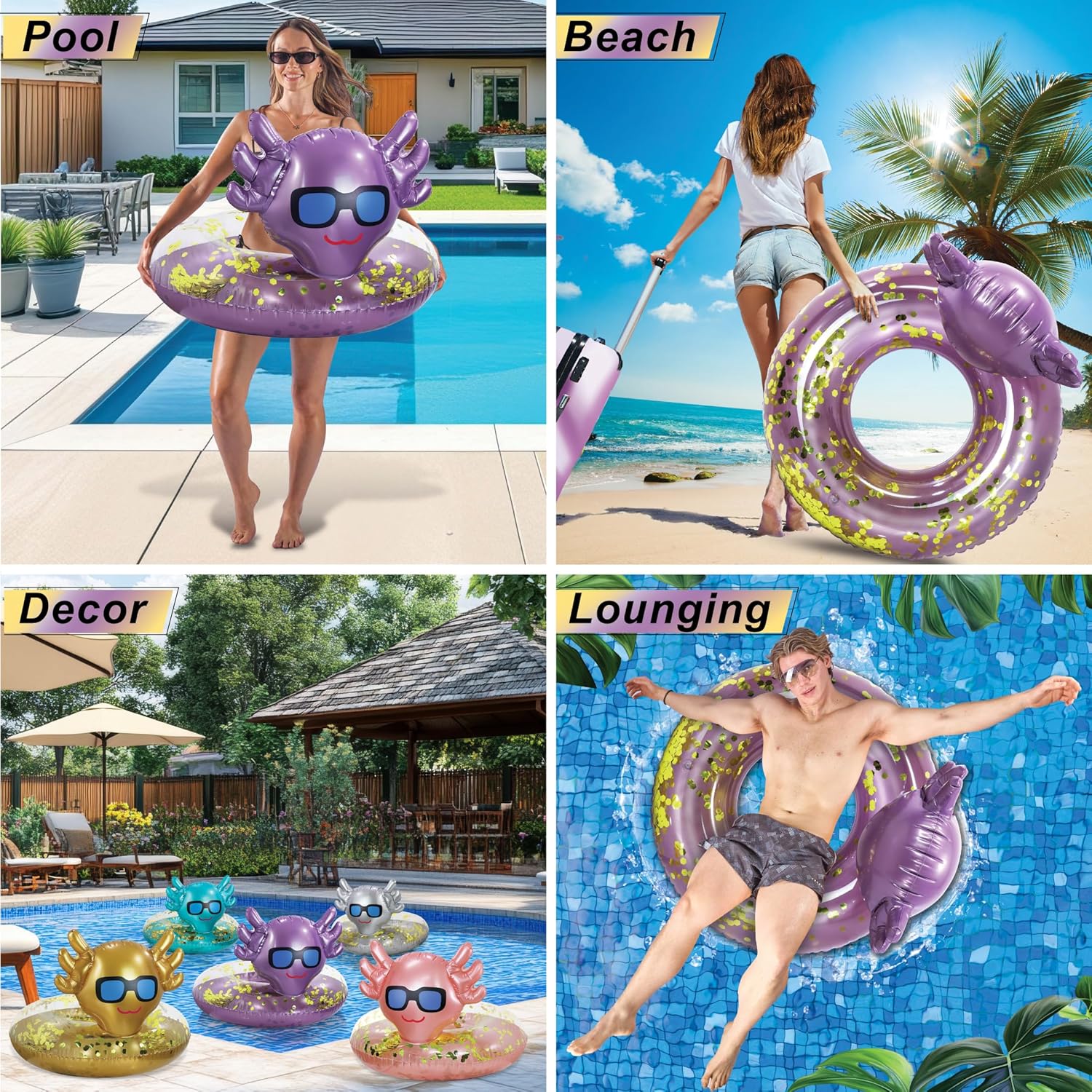 POZA Inflatable Axolotl Pool Float Tube - Sparkly Confetti-Filled Swim Lounger Float, UV-Resistant Vinyl for Beach or Lake, Animal Swim Ring for Kids and Adults