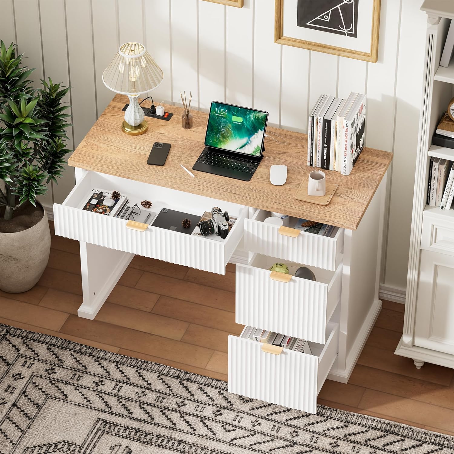 47" Farmhouse Executive Desk, Home Office Desk with Drawers and Charging Station, Wood Home Office Desk, Fluted Computer Writing Desk for Study, Living Room, Bedroom