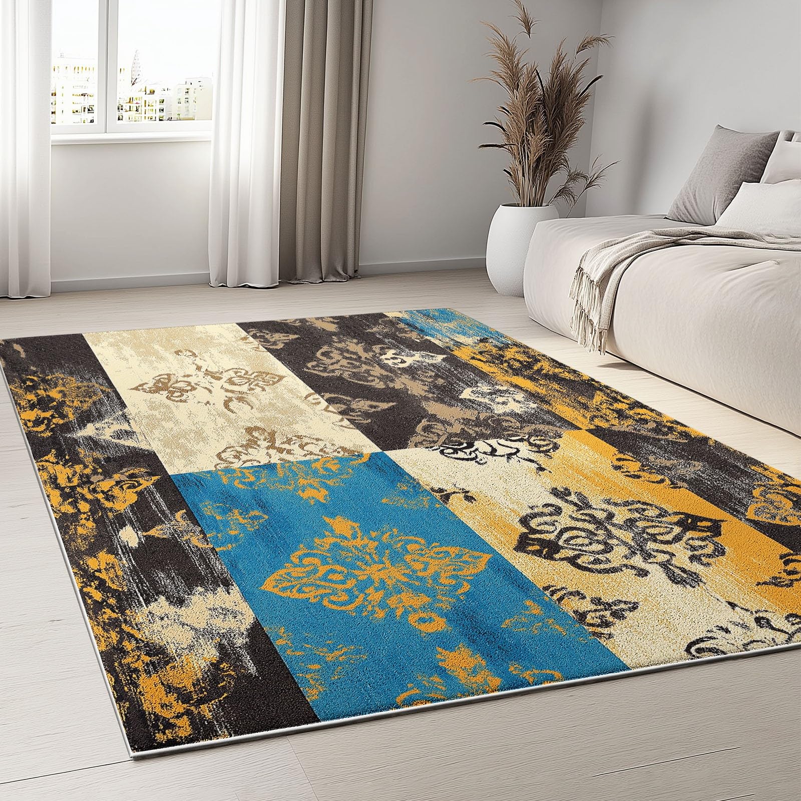 Tapis salon marron et crème 120x180cm à poils courts imprimé géométrique