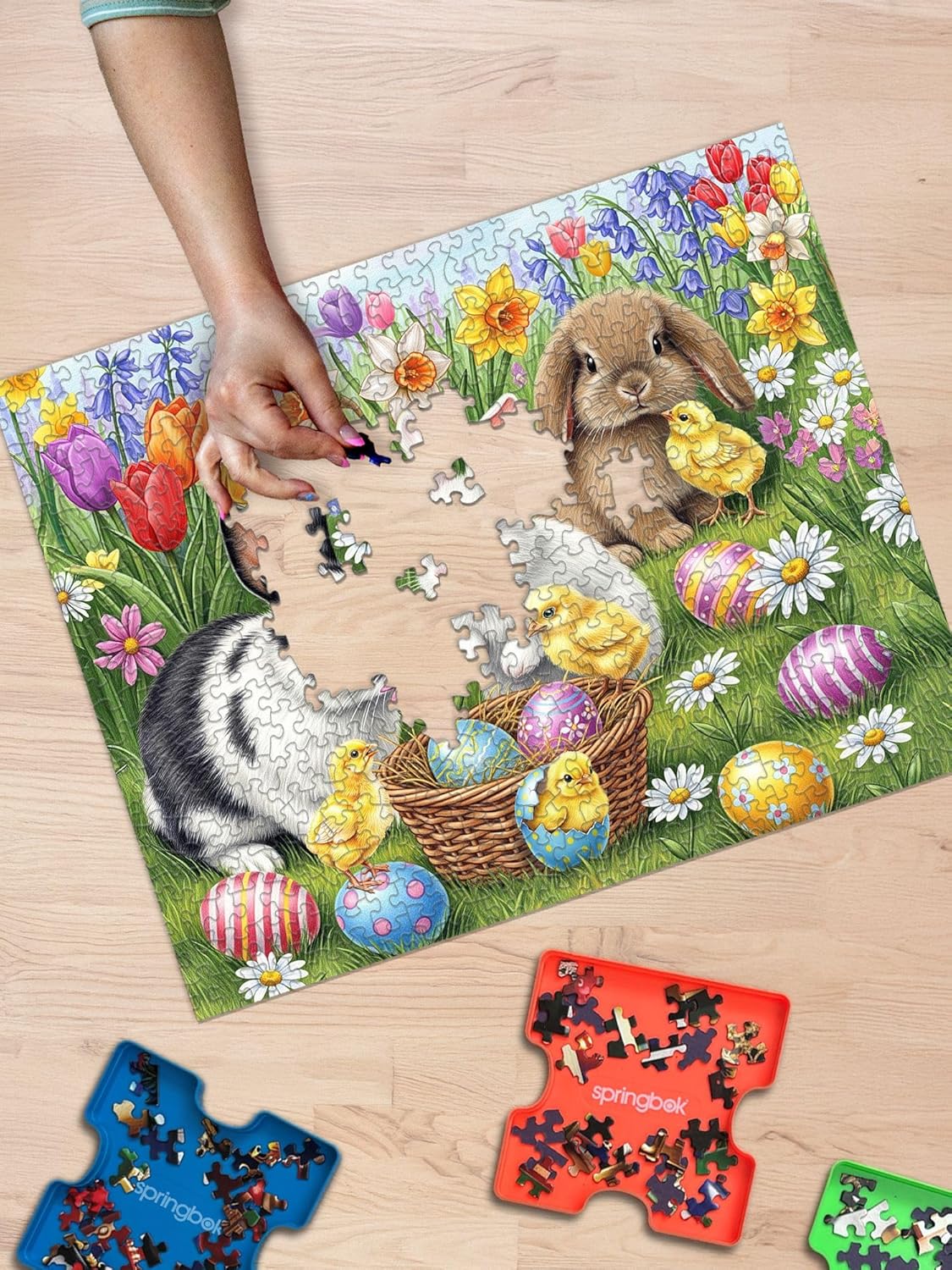 Springbok Three Easter Bunnies 500 Piece Jigsaw Puzzle for Adults – Poster Now Included - Spring and Floral – Unique Cut Pieces – Made in USA