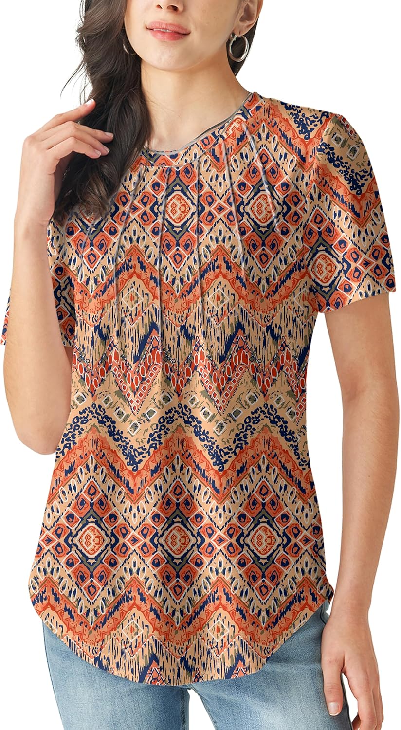 Womens Short Sleeve Tops Summer Tops for 2025 Casual Crew Neck Pleated Tops Blouses Fashion