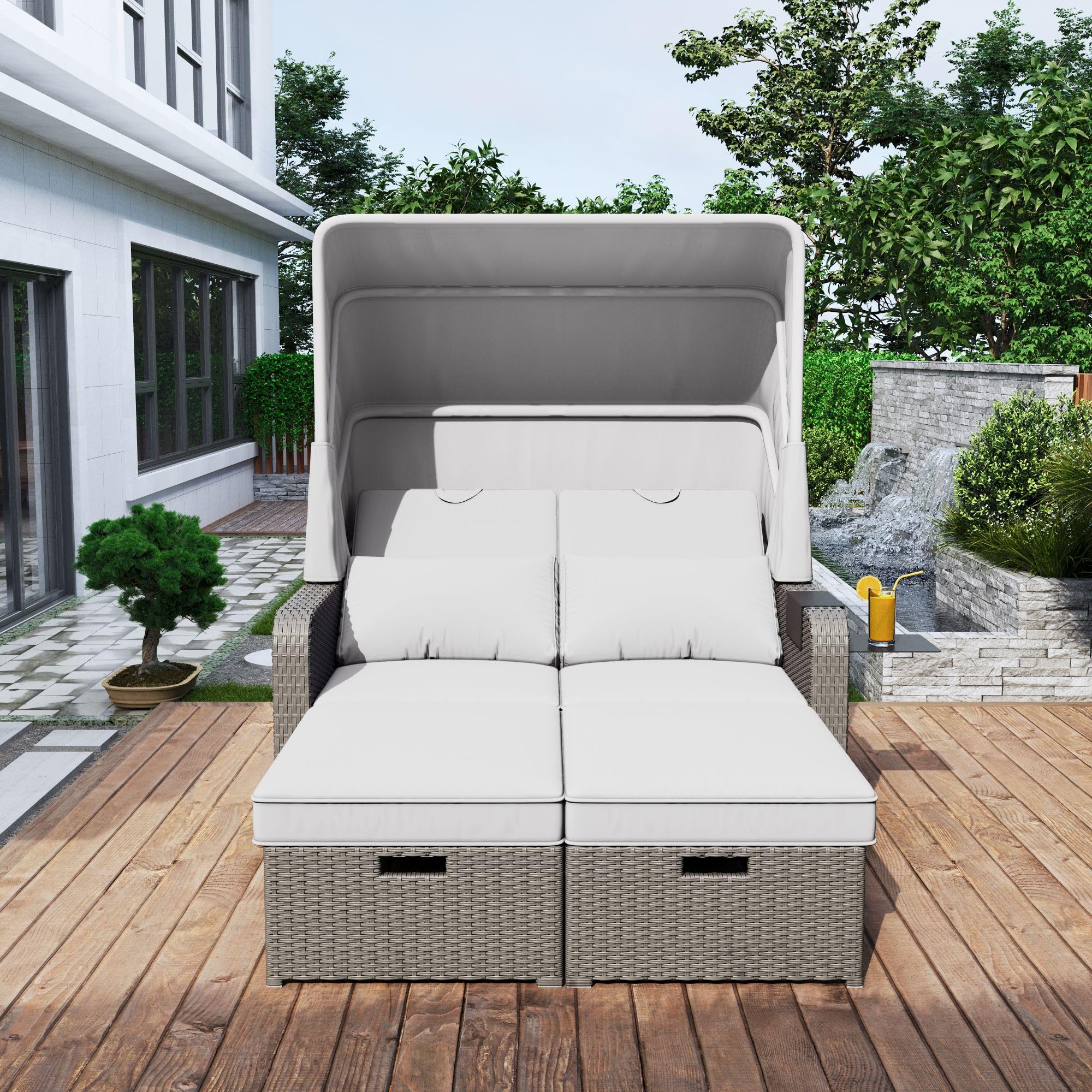 Muebles de jardín de polirratán para 2 personas, sofá de salón con toldo extraíble, sofá convertible en cama, para playa, jardín, fácil de montar (caqui)