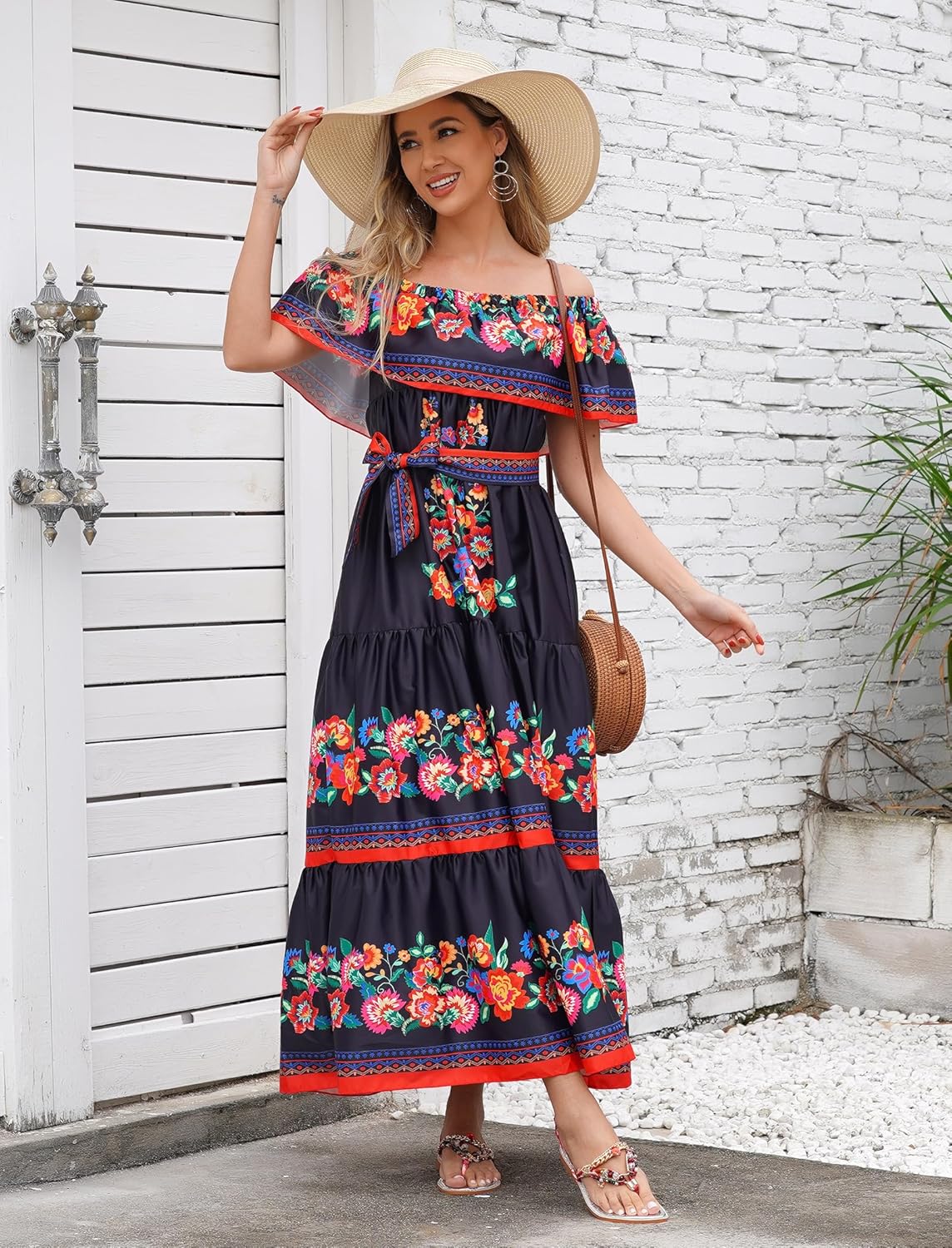 Mexican Dress for Women Off Shoulder Floral Print Long Maxi Dress Summer Cinco de Mayo Party Dresses with Belt - Image 2