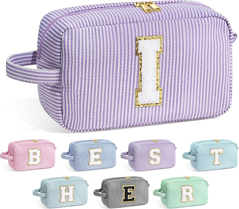 Necessaire de maquiagem YOOLIFE com inicial, zíper, compartimentos e estampa listrada, Purple-i, 1 unidade