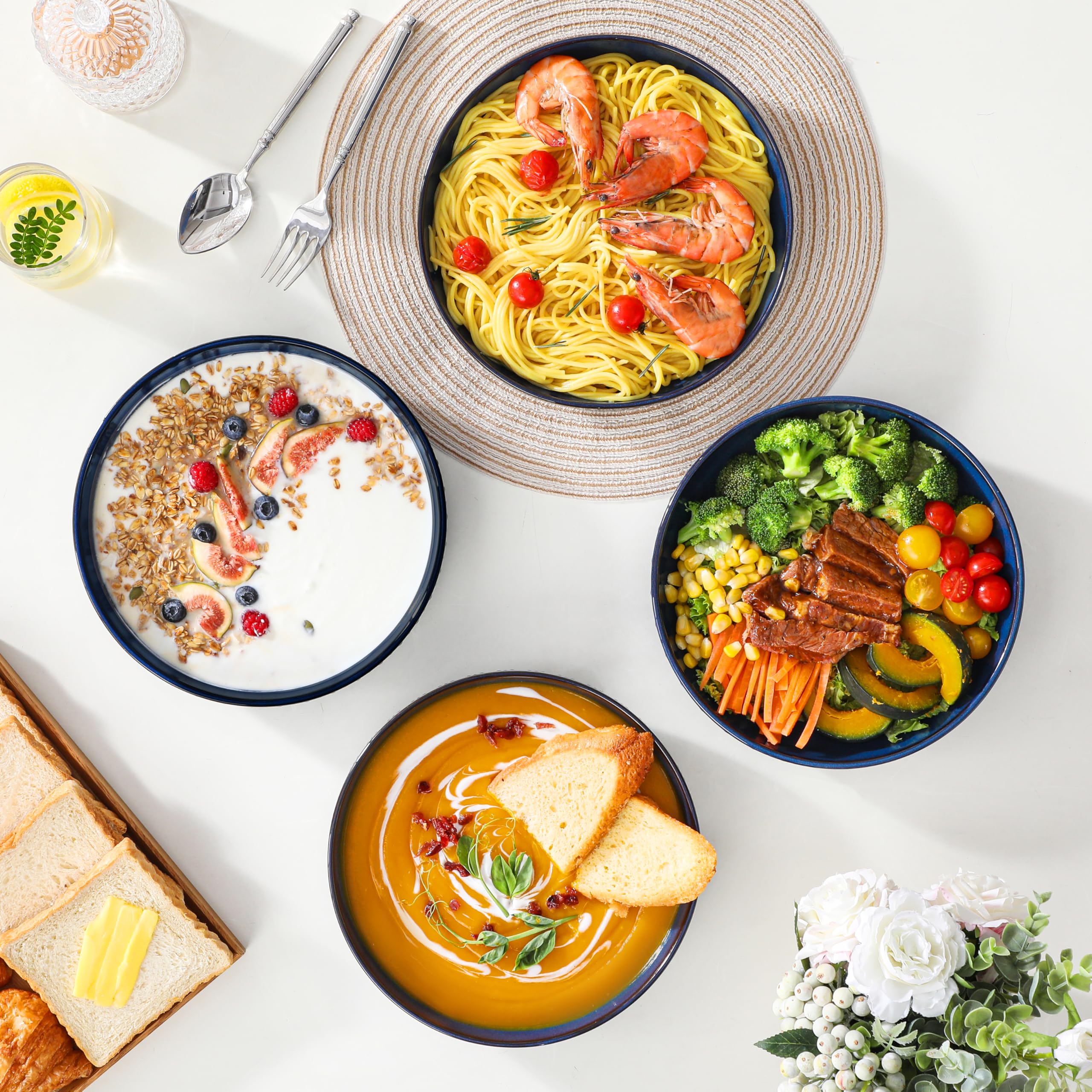 MALACASA LYDIA talerze do zupy, zestaw 4 sztuk, duże miski do zupy, 1570 ml, miski na makaron, Ø 24,1 cm szerokości i płaskie talerze głębokie do spaghetti, miski na makaron, duże miski do sałatek