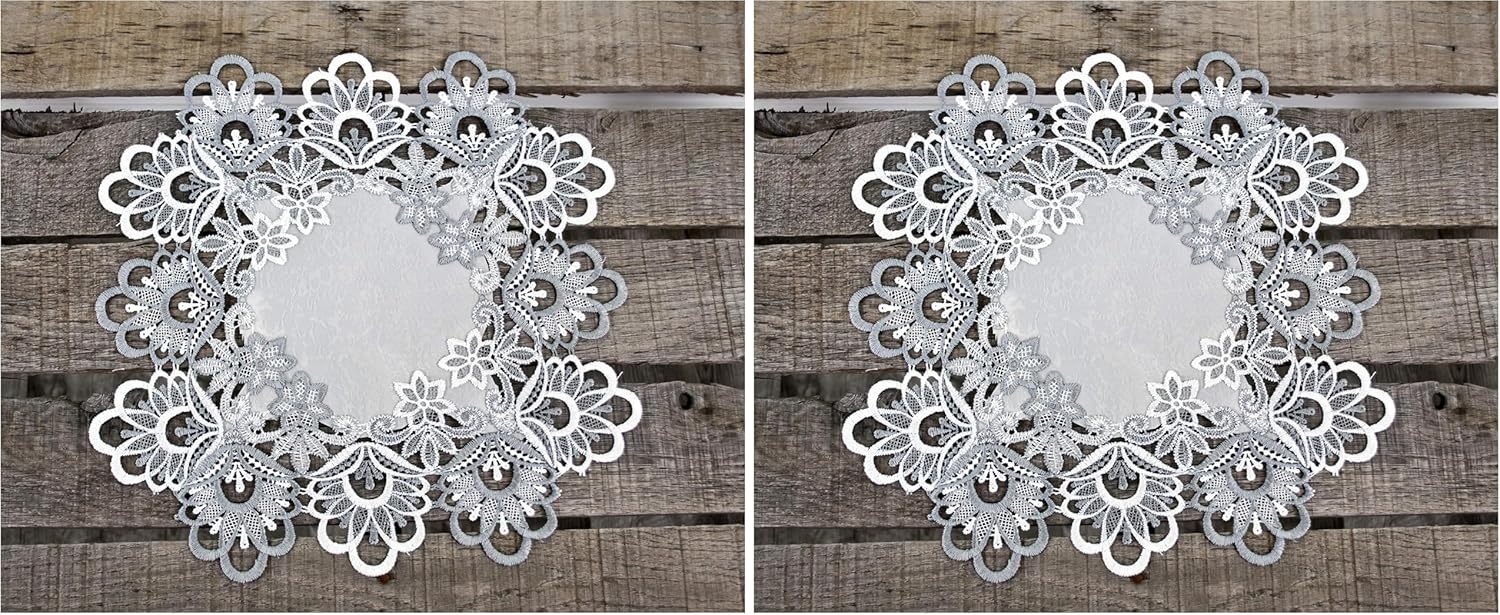 Silver Antique Jacquard Peacock Tail Lace Doily, Place Mat, Table Centerpiece, Table Topper (14 Inch Square) (Pack of 2)